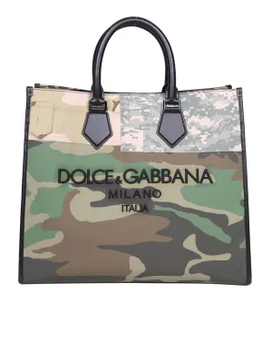 Dolce & Gabbana Camouflage Pattern Logo Embroidered Tote Bag