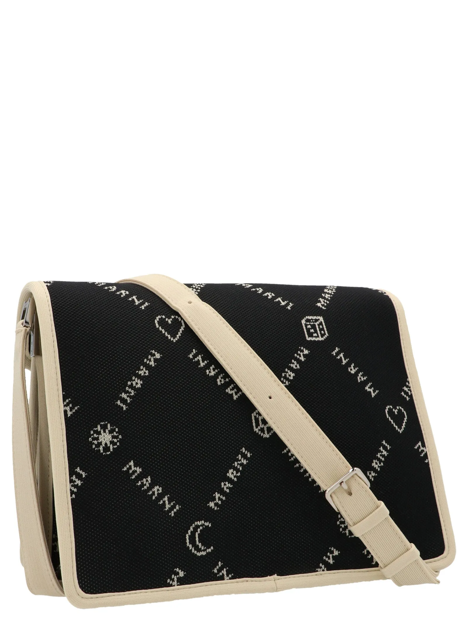 Marni Allover Logo Embroidered Foldover Shoulder Bag