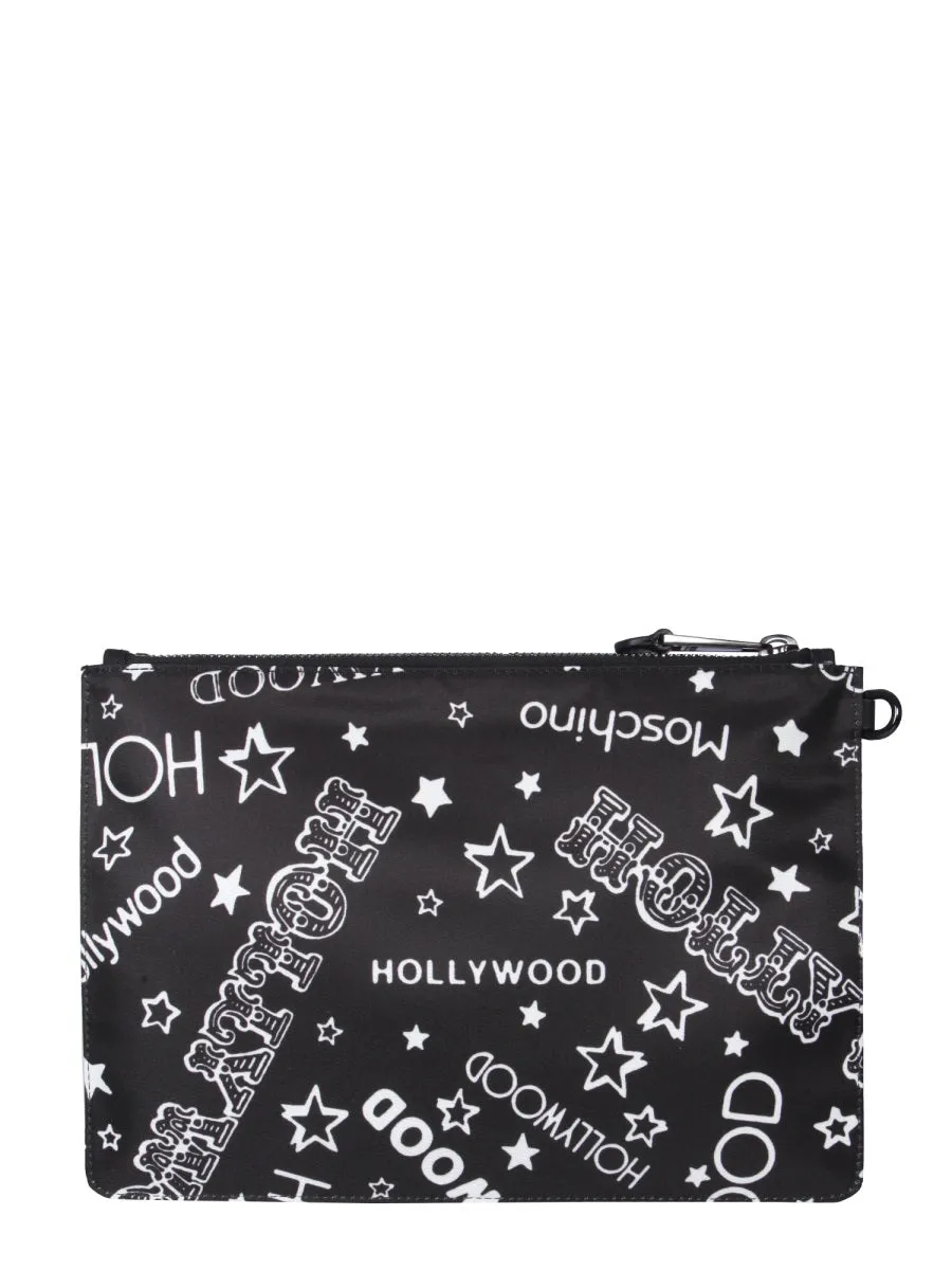 Moschino Allover Hollywood Printed Zipped Clutch Bag