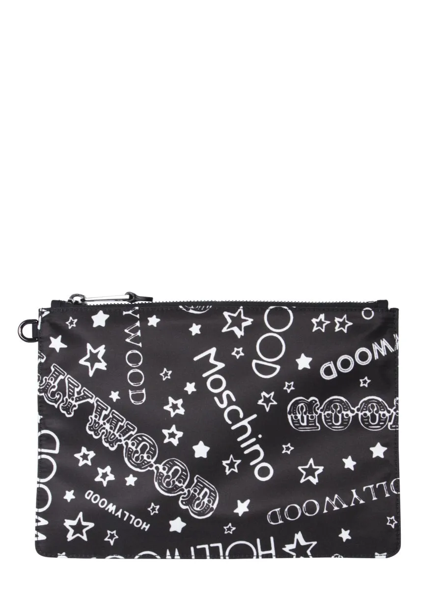 Moschino Allover Hollywood Printed Zipped Clutch Bag